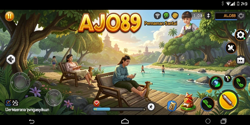 Tampilan gameplay AJO89 yang menampilkan momen santai dan pengumpulan sumber daya.