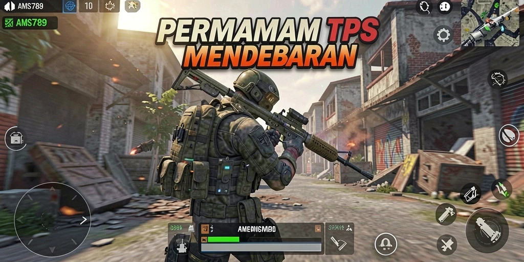 Screenshot gameplay AMS789 menampilkan aksi intens dalam mode TPS.