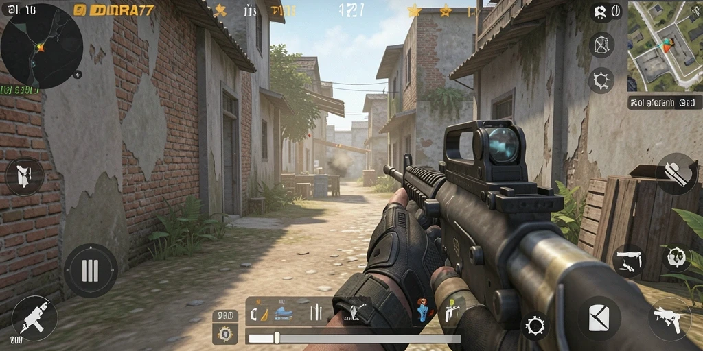 Screenshot gameplay DORA77 menampilkan aksi tembak-menembak yang intens dan grafis yang memukau.