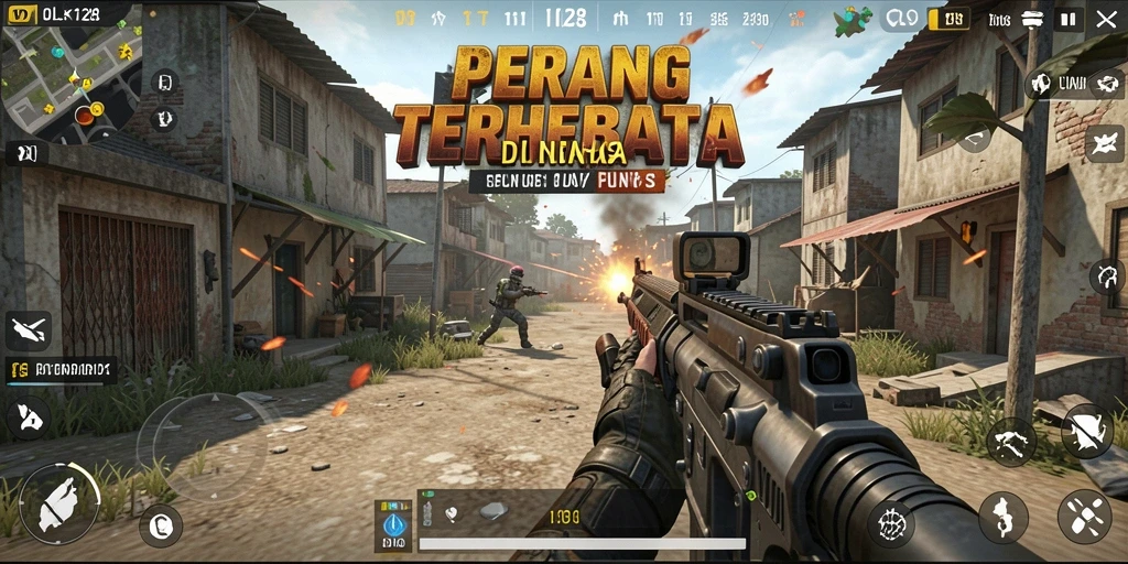 Screenshot gameplay OLX128 menunjukkan pertempuran intens dalam mode FPS.