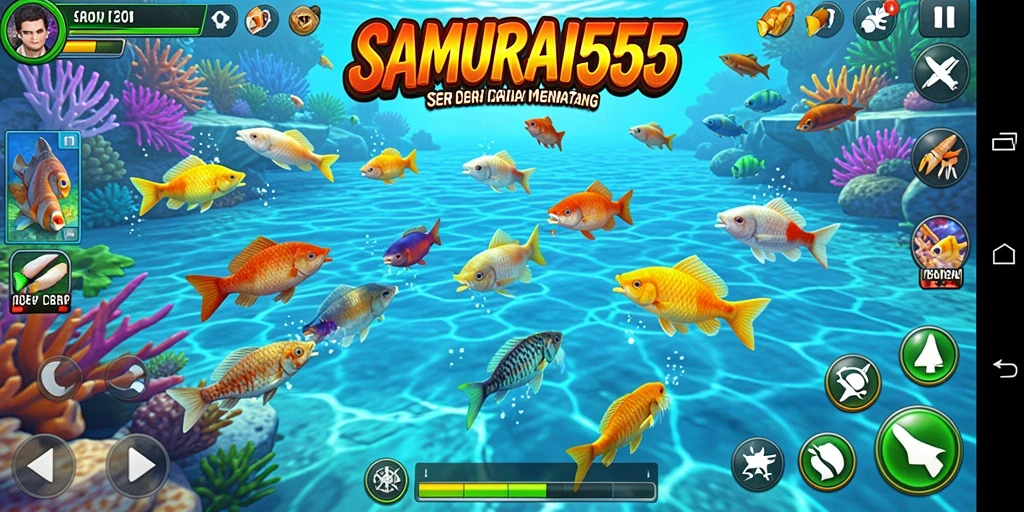 Tangkapan layar gameplay SAMURAI555 menampilkan aksi tembak ikan yang seru.
