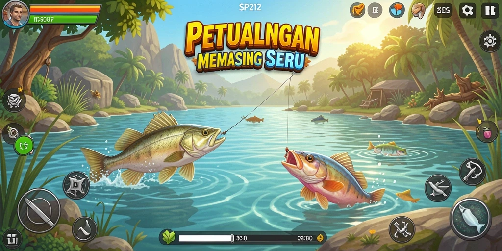 Gameplay seru memancing di berbagai lokasi yang indah.